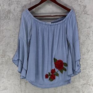ODDY Blue & White Striped Off-Shoulder Blouse with Red Rose Appliqué Size L